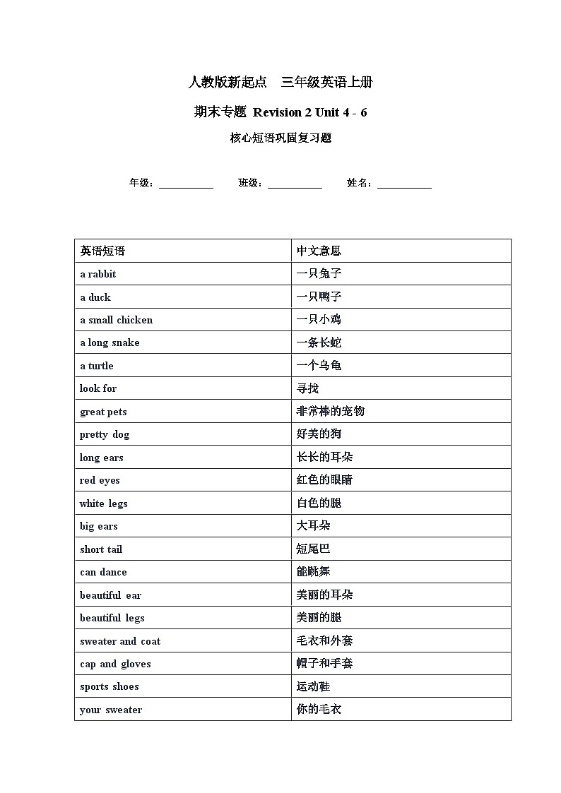 人教版新起点英语三上 unit4-unit6 核心短语巩固复习讲义第1页