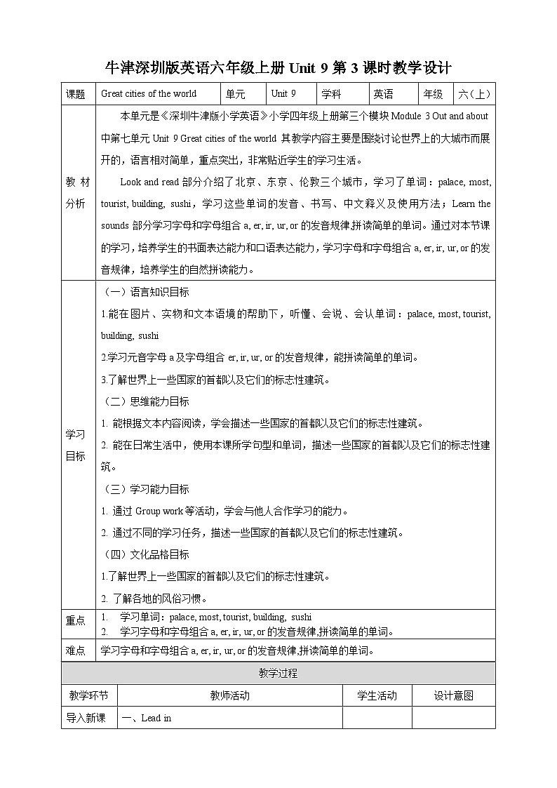 牛津深圳版英语六上Unit 9《 Great cities of the world Look and read Learn the sounds》课件+教案+分层练习01