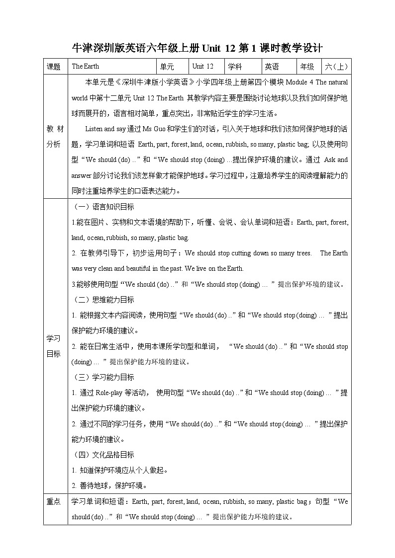牛津深圳版英语六上Unit 12 《The Earth Listen and say Ask and answer》课件+教案+分层练习01