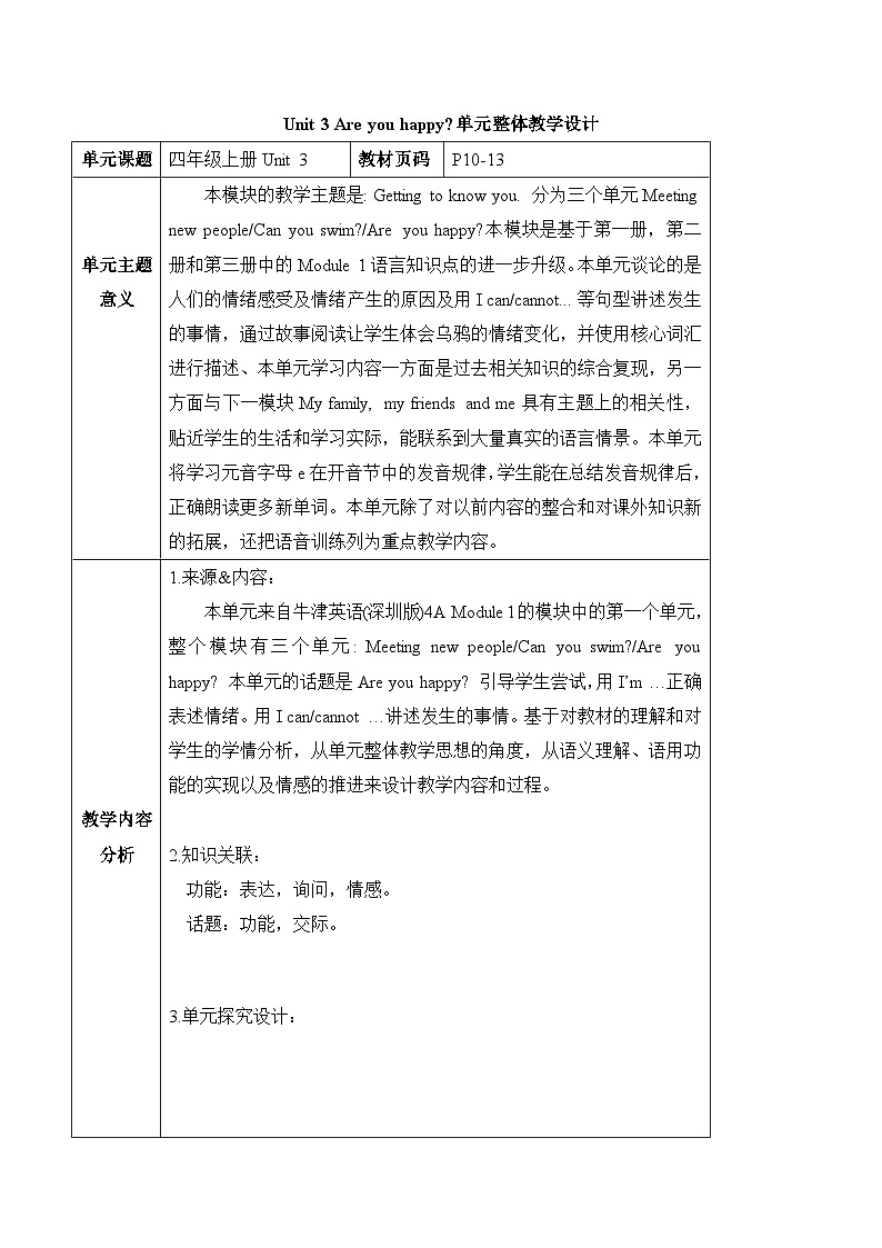 沪教牛津版（六三制一起）英语四年级上册Unit3 Are you happy第1课时 课件+单元整体教学设计01