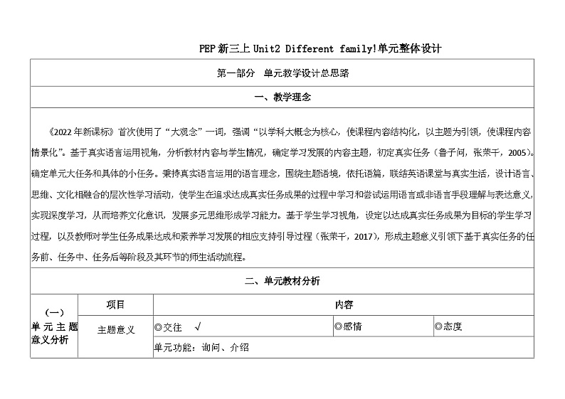 人教pep版英语三年级上册Unit2 Different families  Part A Let's talk课件+单元整体教学设计+素材01