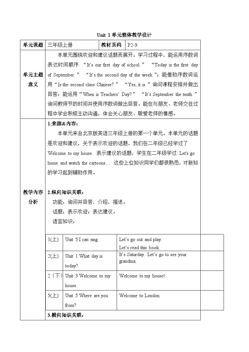 北京版英语三年级上册Unit1 September 10th is Teachers' Day. Lesson 1 单元整体教学设计+课件01