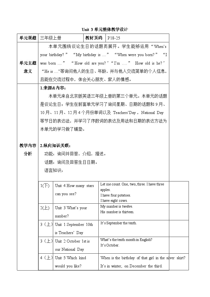 北京版英语三年级上册Unit3 I was born on May 23rd. Lesson 12 单元整体教学设计+课件01