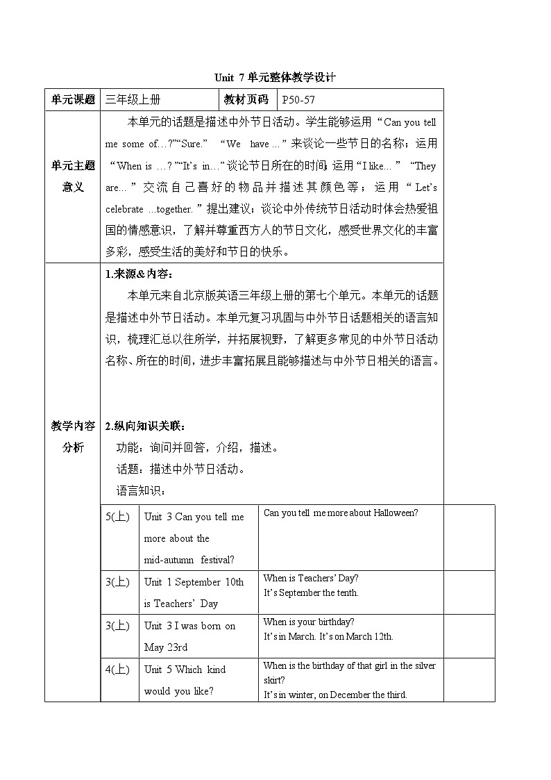 北京版英语三年级上册Unit7 When is Thanksgiving？Lesson 25 单元整体教学设计+课件01