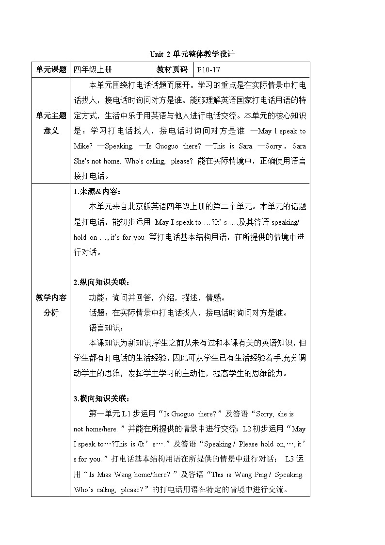 北京版英语四年级上册Unit2 May I speak to Mike？Lesson 5 课件+单元整体教学设计01