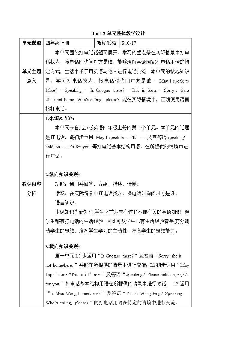 北京版英语四年级上册Unit2 May I speak to Mike？Lesson 8 课件+单元整体教学设计01