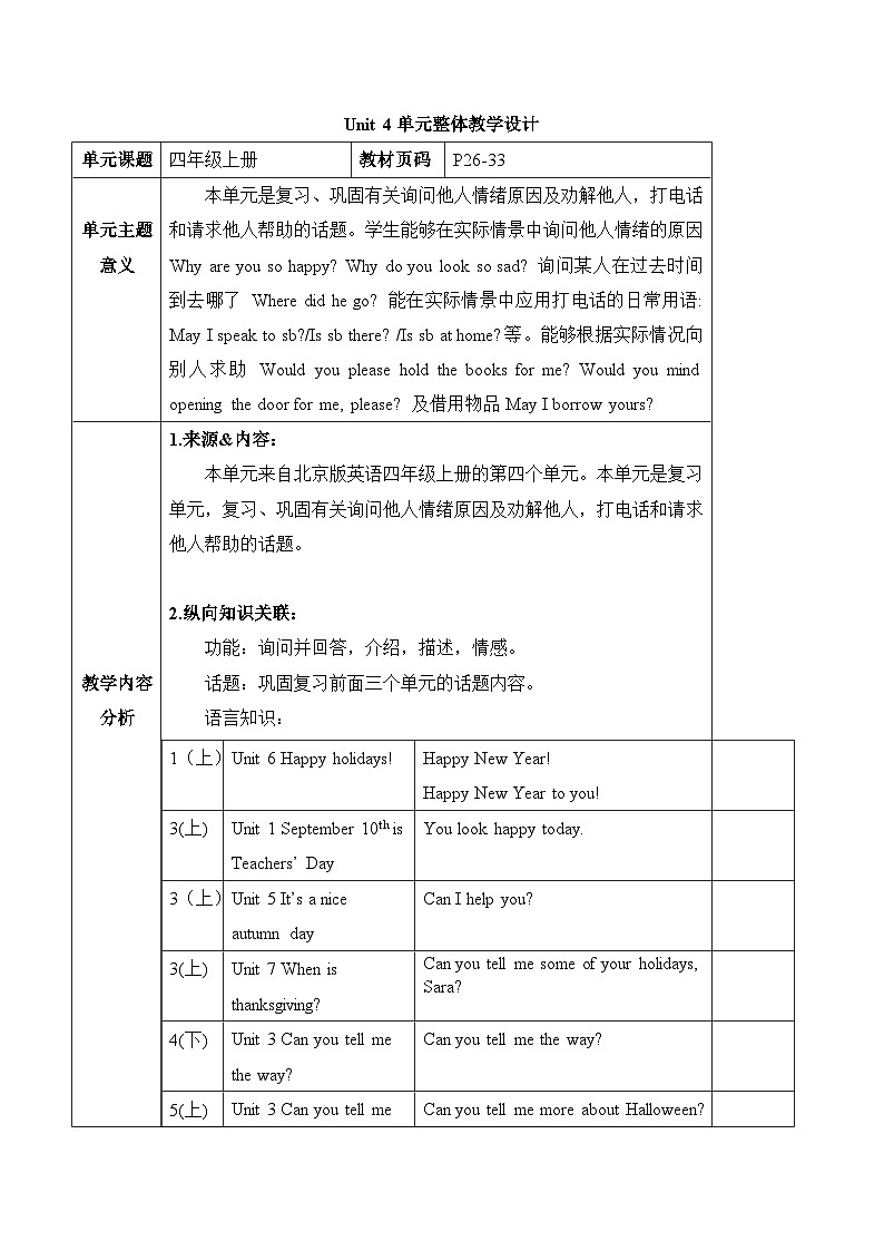 北京版英语四年级上册Unit4 Revision Lesson 13 课件+单元整体教学设计01