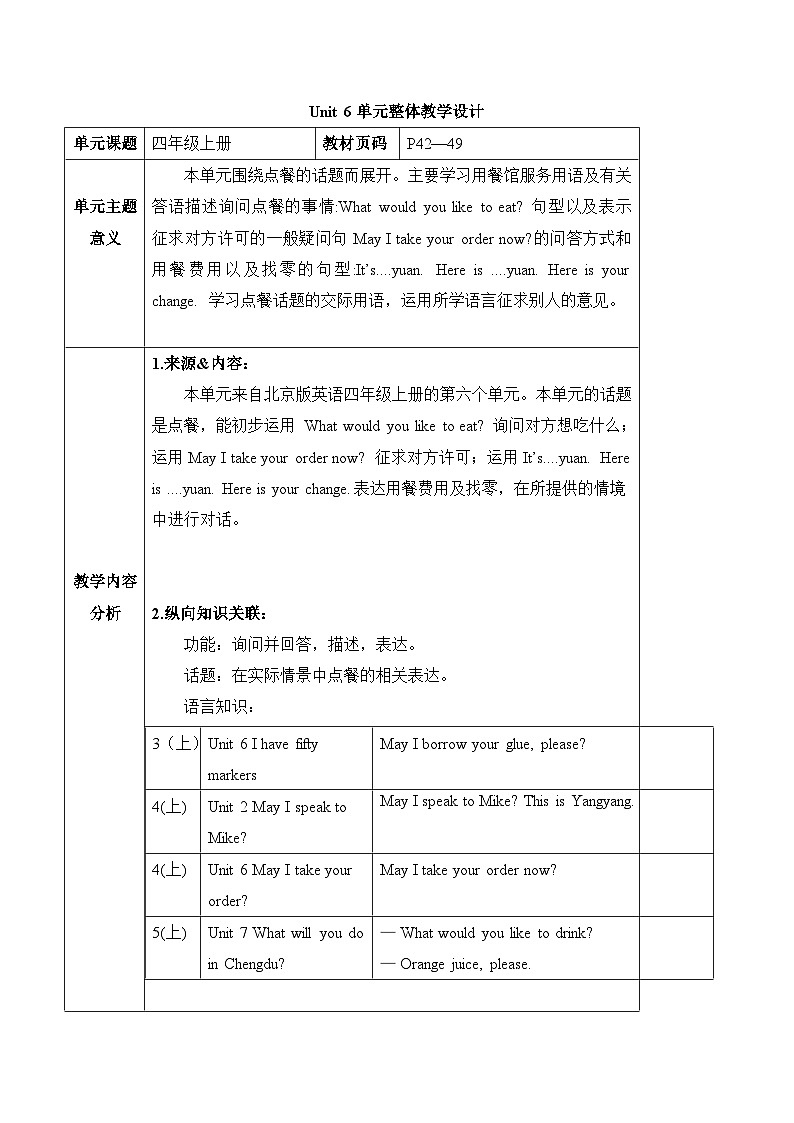 北京版英语四年级上册Unit6 May I take your order？Lesson 20 课件+单元整体教学设计01