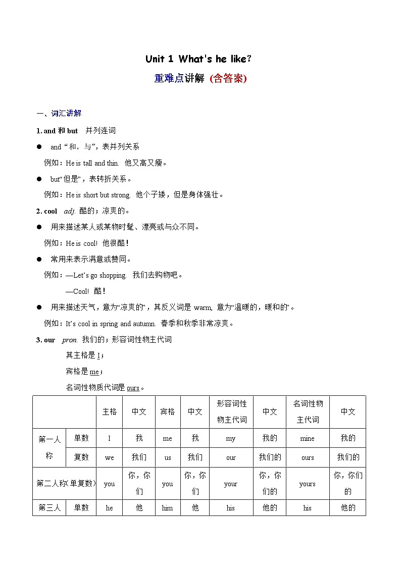 Unit1重难知识点（复习讲义）五年级英语上册单元速记·巧练（人教PEP版）01