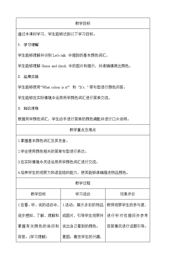 人教PEP版（2024）三年级上册英语Unit 5 The colourful world Part A教学设计03