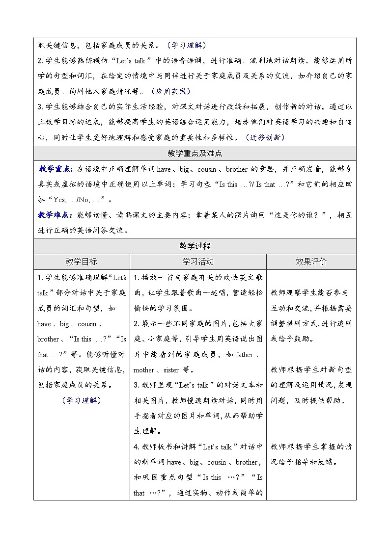 人教PEP版（2024）三年级上册英语Unit 2 Different families Part B教学设计02