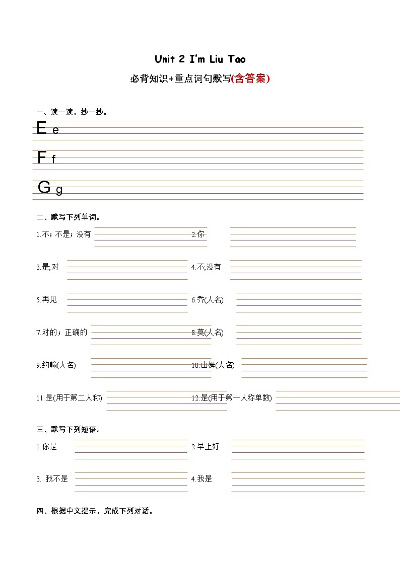 Unit 2重点词句默写+必背知识-2023-2024学年三年级英语上册单元速记·巧练（译林版三起）第1页