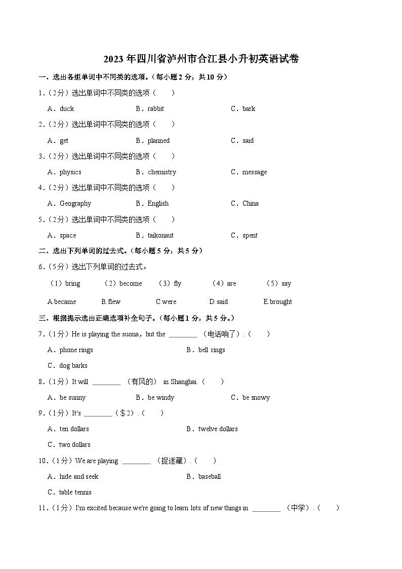 2023年四川省泸州市合江县小升初英语试卷