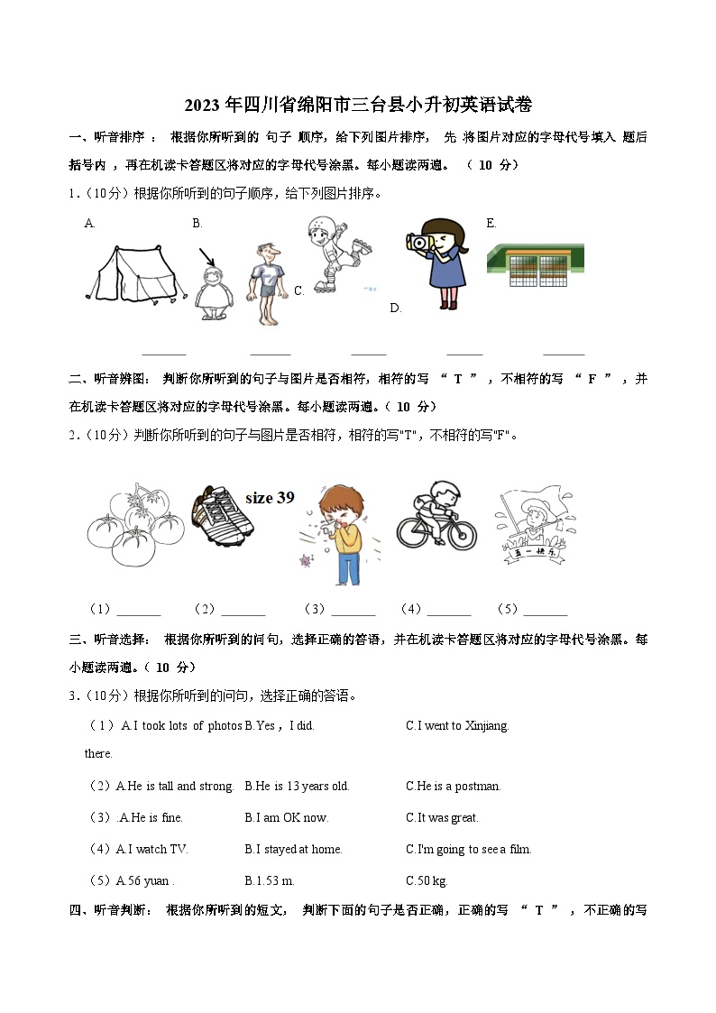 2023年四川省绵阳市三台县小升初英语试卷