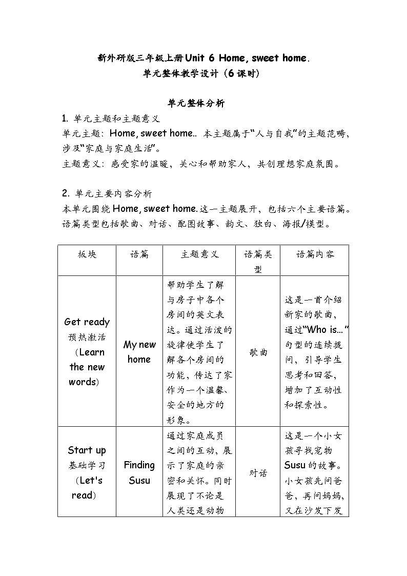 外研版三年级上册 Unit6 单元整体教学设计+教案01