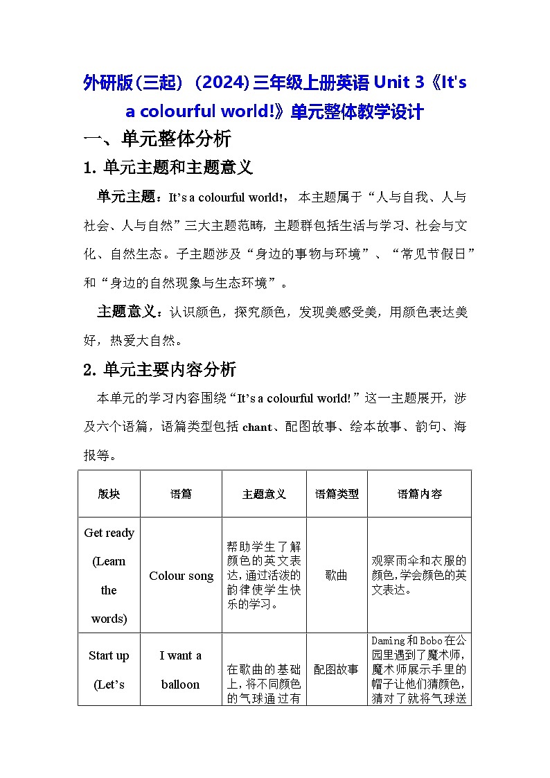 外研版（三起）（2024）三年级上册英语Unit 3《It's a colourful world!》单元整体教学设计01