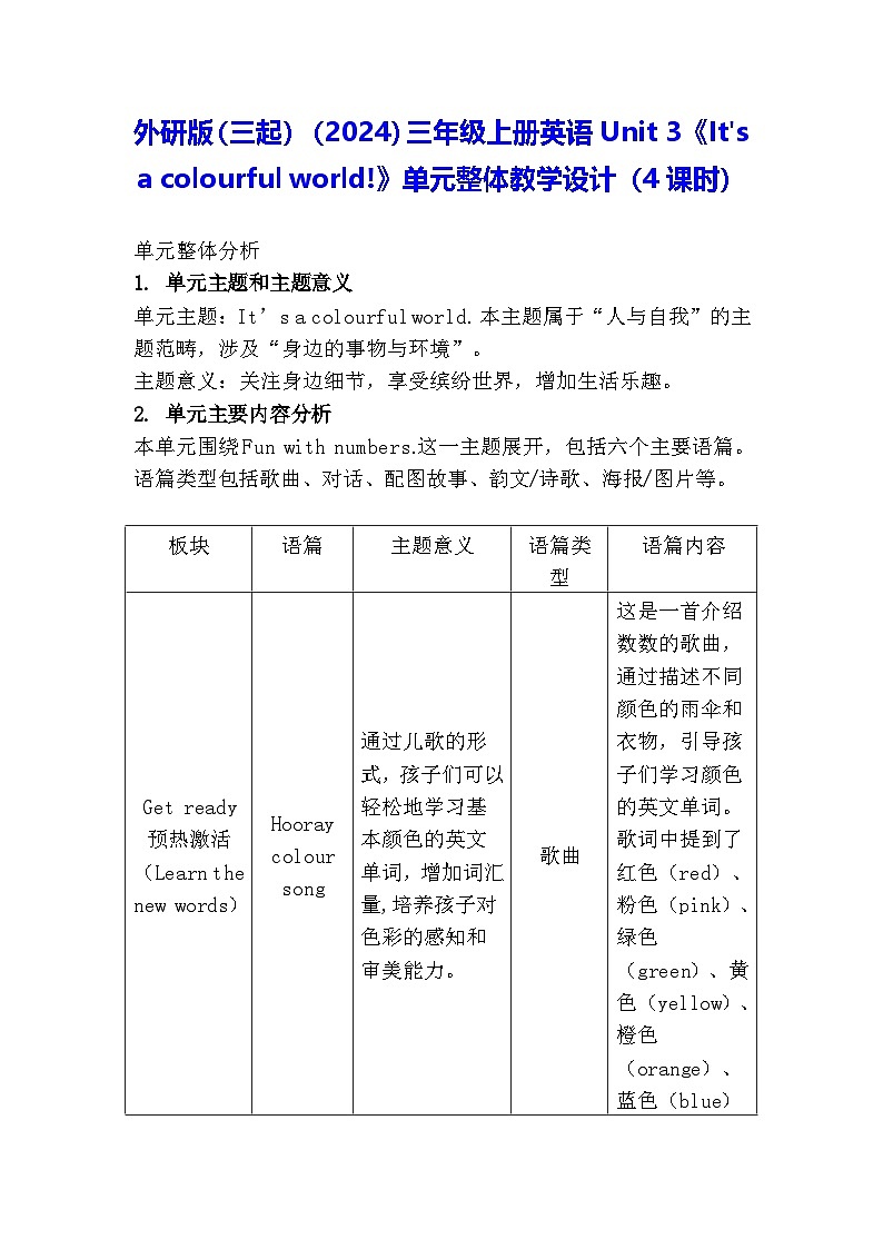 外研版（三起）（2024）三年级上册英语Unit 3《It's a colourful world!》单元整体教学设计（4课时）第1页