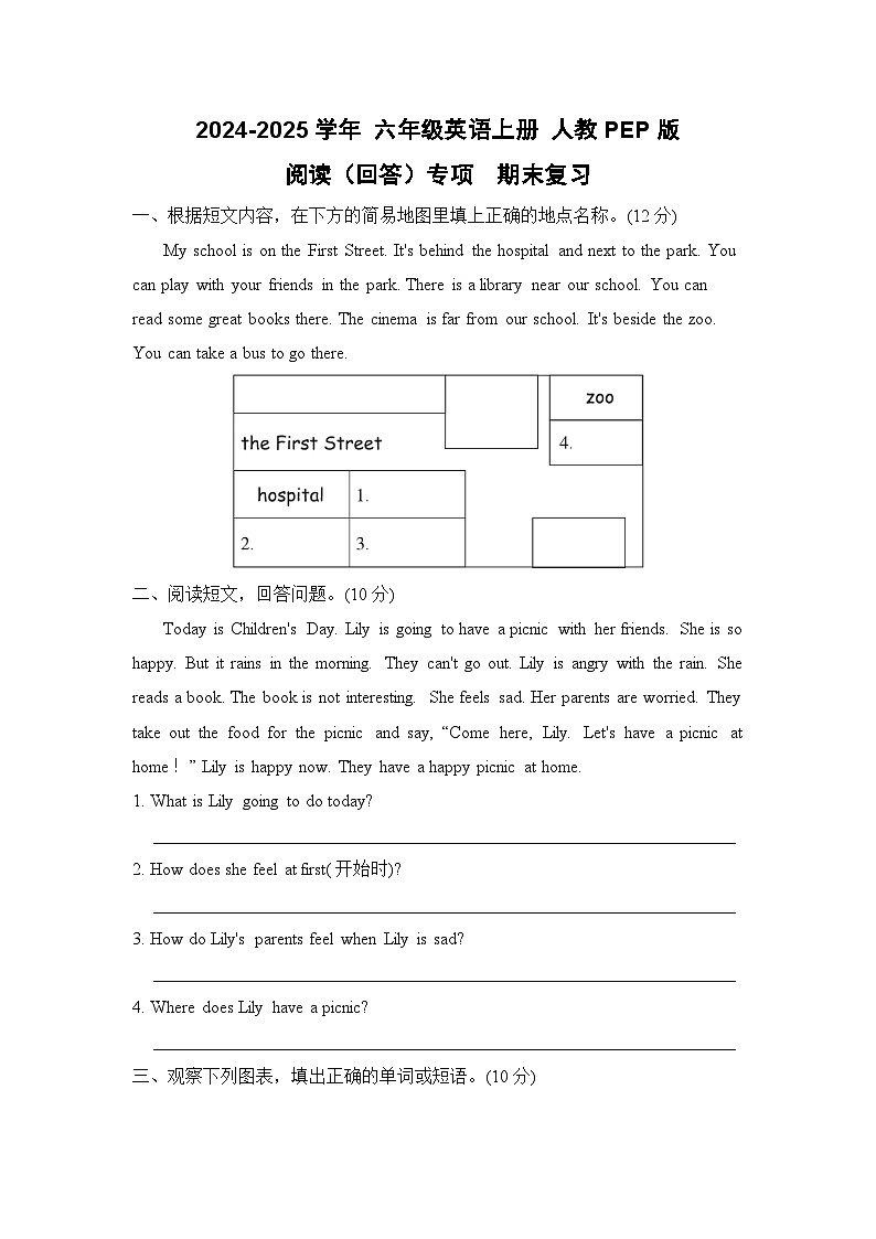 专题10 阅读(填空)-2024-2025学年 六年级英语上册  期末专项复习练习（人教PEP版）01