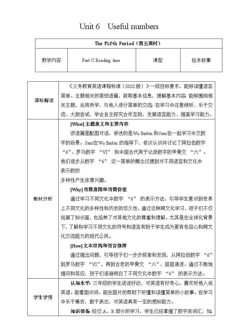 人教版PEP（2024）英语三年级上册--Unit6 Useful numbers Part C Reading time（教学设计）01