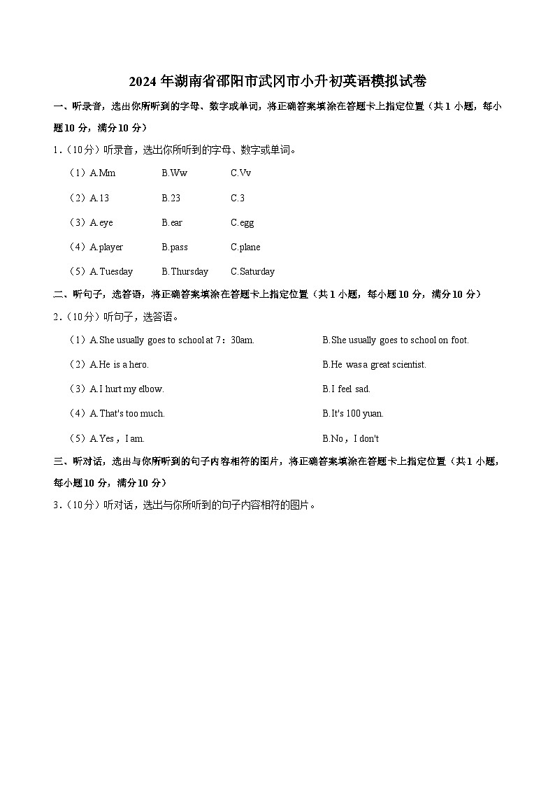 湖南省邵阳市武冈市2023-2024学年六年级下学期期末考试英语模拟试卷第1页