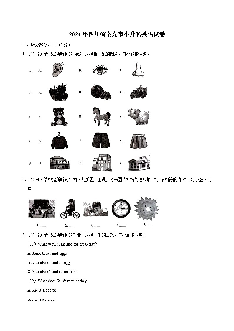 2024年四川省南充市小升初英语试卷01