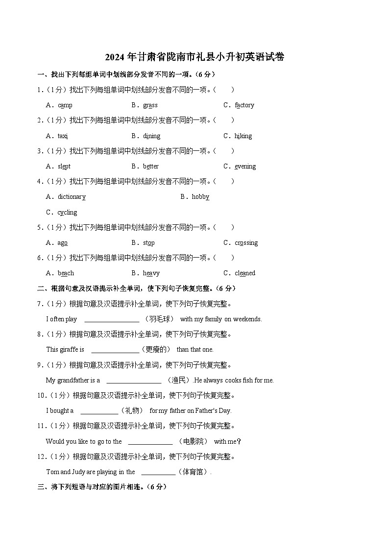 2024年甘肃省陇南市礼县小升初英语试卷01