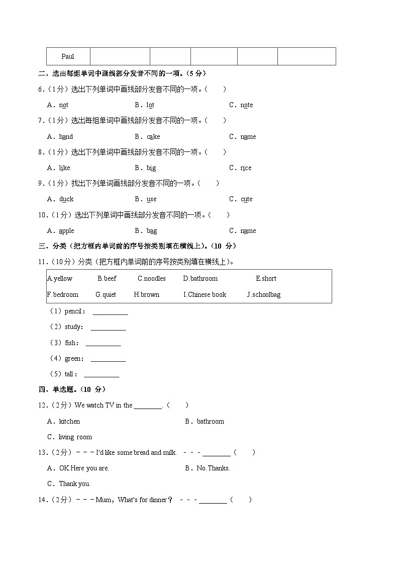 吉林省吉林市永吉县2023-2024学年四年级（上）月考英语试卷（11月份）第2页