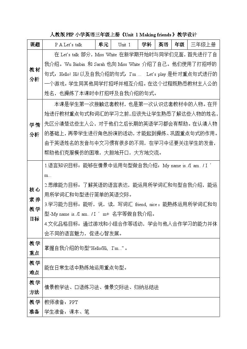 三上PEP2024版s'sUnit 1 A Let’s talk核心素养教学设计第1页