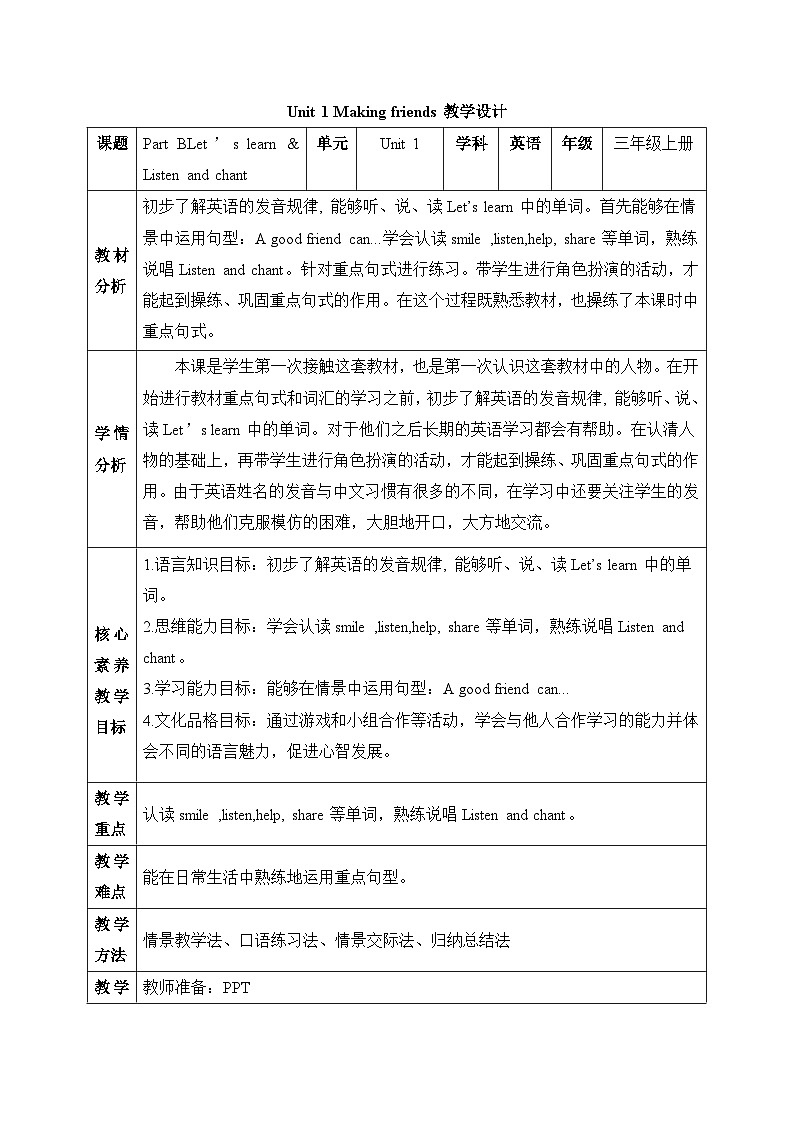 三上PEP2024版Unit 1 B Let’s learn核心素养教学设计第1页