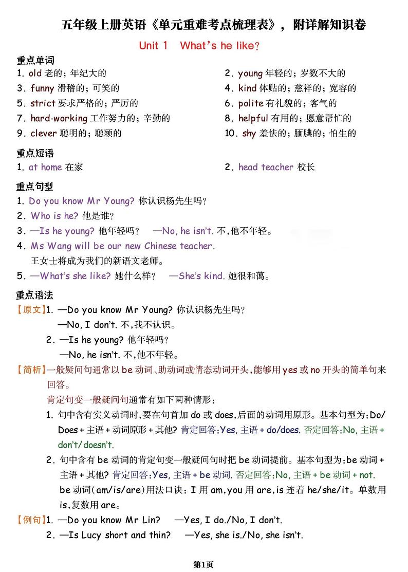 人教版五年级上册英语单元重难考点知识点汇总第1页