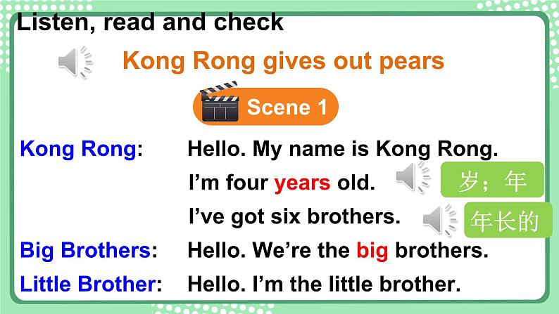 剑桥版三年级英语上册PPT课件 Plays Kong Rong gives out pears第8页