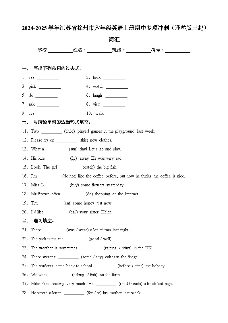 词汇-2024-2025学年江苏省徐州市六年级英语上册期中专项冲刺（译林版三起）01