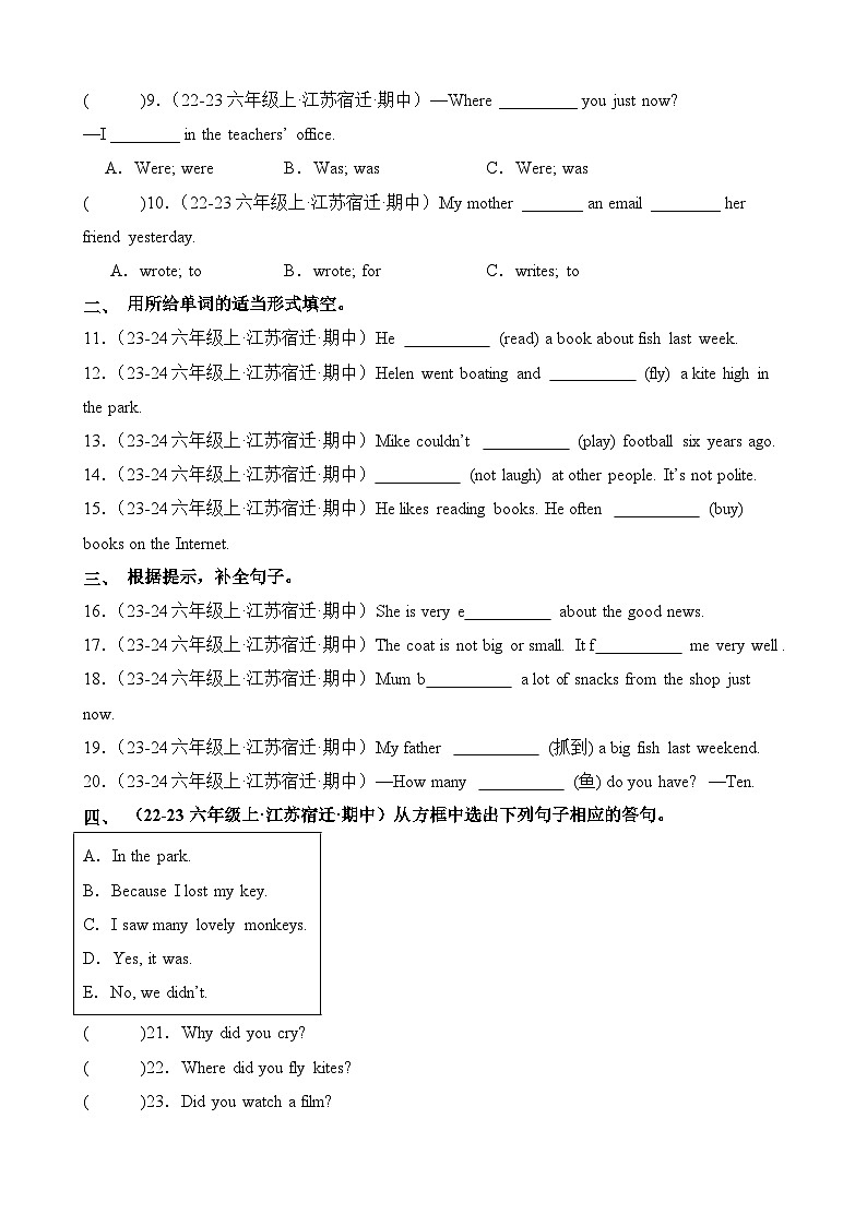 期中真题重组-2024-2025学年江苏省宿迁市六年级英语上册期中专项冲刺（译林版三起）第2页