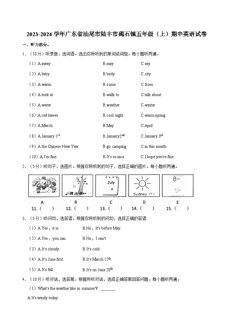 广东省汕尾市陆丰市碣石镇2023-2024学年五年级上学期期中英语试卷01