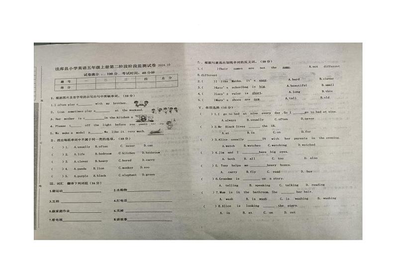 辽宁省沈阳市法库县2024-2025学年五年级上学期11月月考英语试题第1页