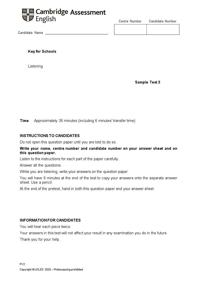 英语KET sample test3 官方样题三练习第1页