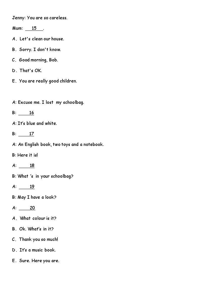 期中综合专项练习——补全对话 人教PEP版英语四年级上册第3页