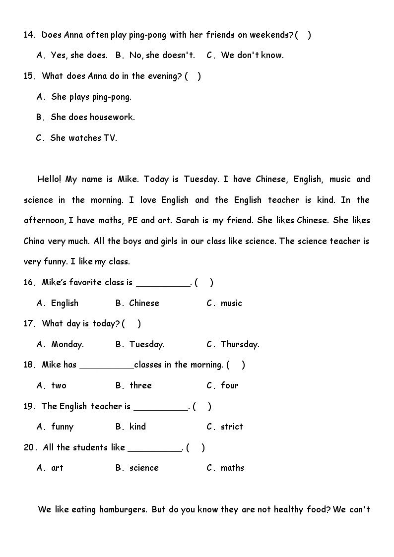 期中综合专项练习——阅读选择   人教PEP版英语五年级上册03
