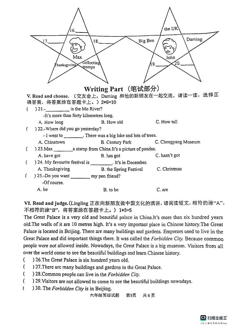 山东省青岛市城阳区2024-2025学年六年级上学期期中英语试题第3页