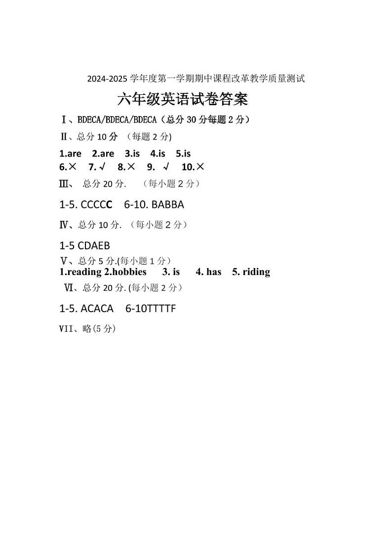 六年级英语参考答案第1页