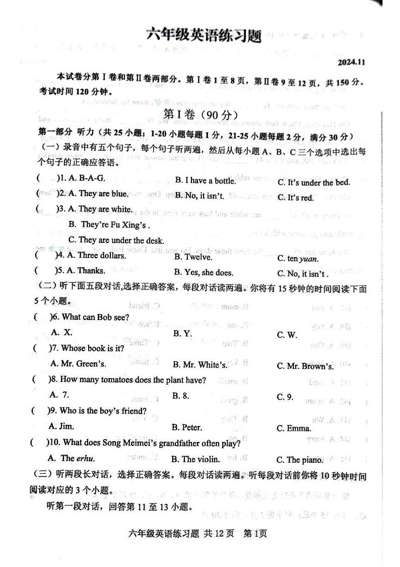 山东省泰安市岱岳区2024-2025学年六年级上学期期中英语试题第1页