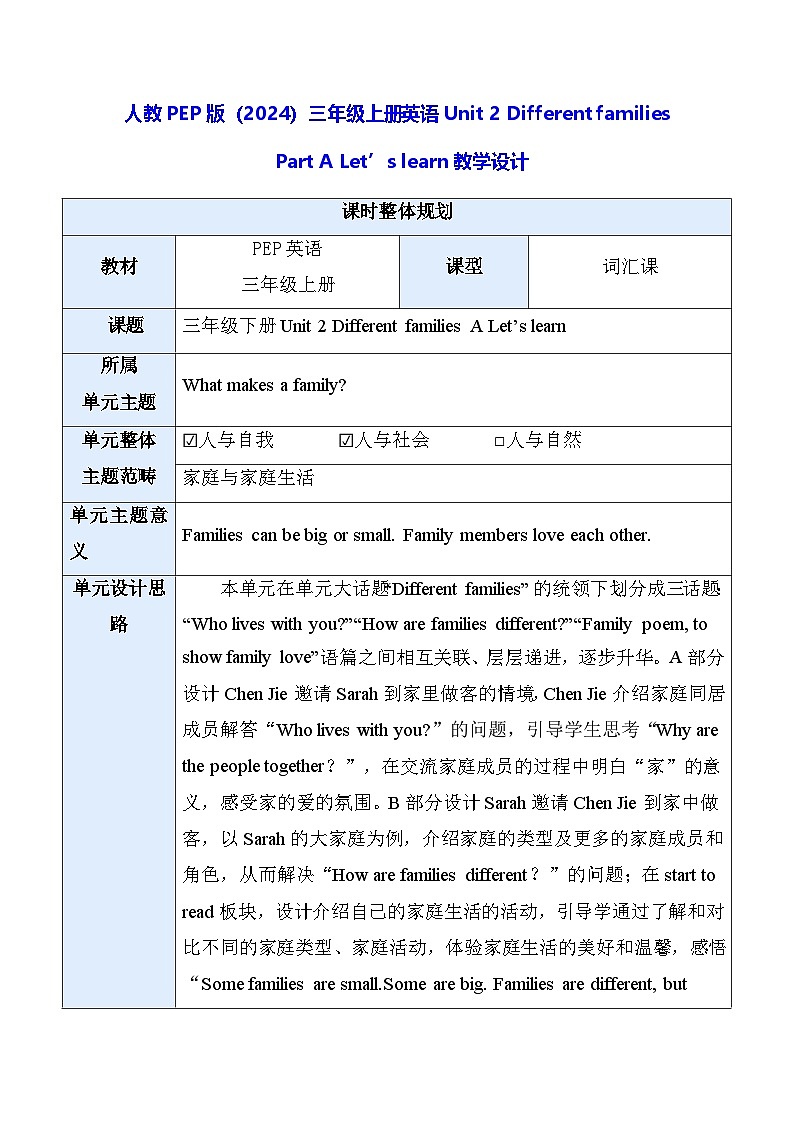 人教PEP版（2024）三年级上册英语Unit 2 Different families Part A Let’s learn教学设计第1页