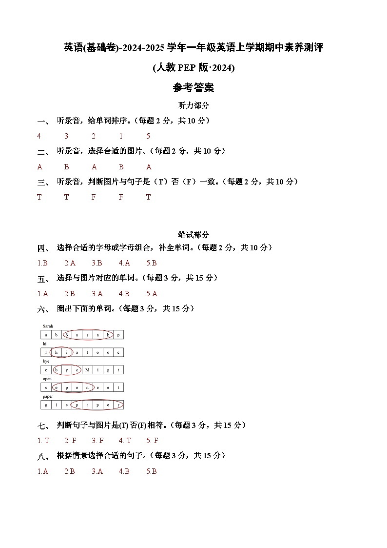 （人教PEP版·2024）一年级英语上学期期中素养测评卷（基础版）01