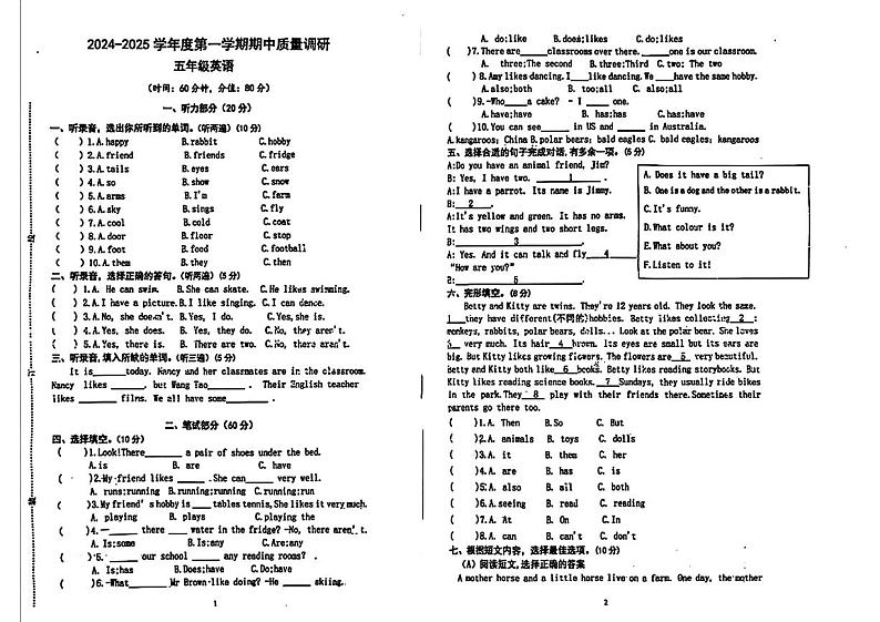 江苏省泗阳县2024-2025学年五年级上学期期中英语试题01