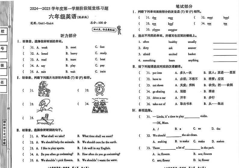 陕西省渭南市大荔县多校2024-2025学年六年级上学期期中英语试题第1页