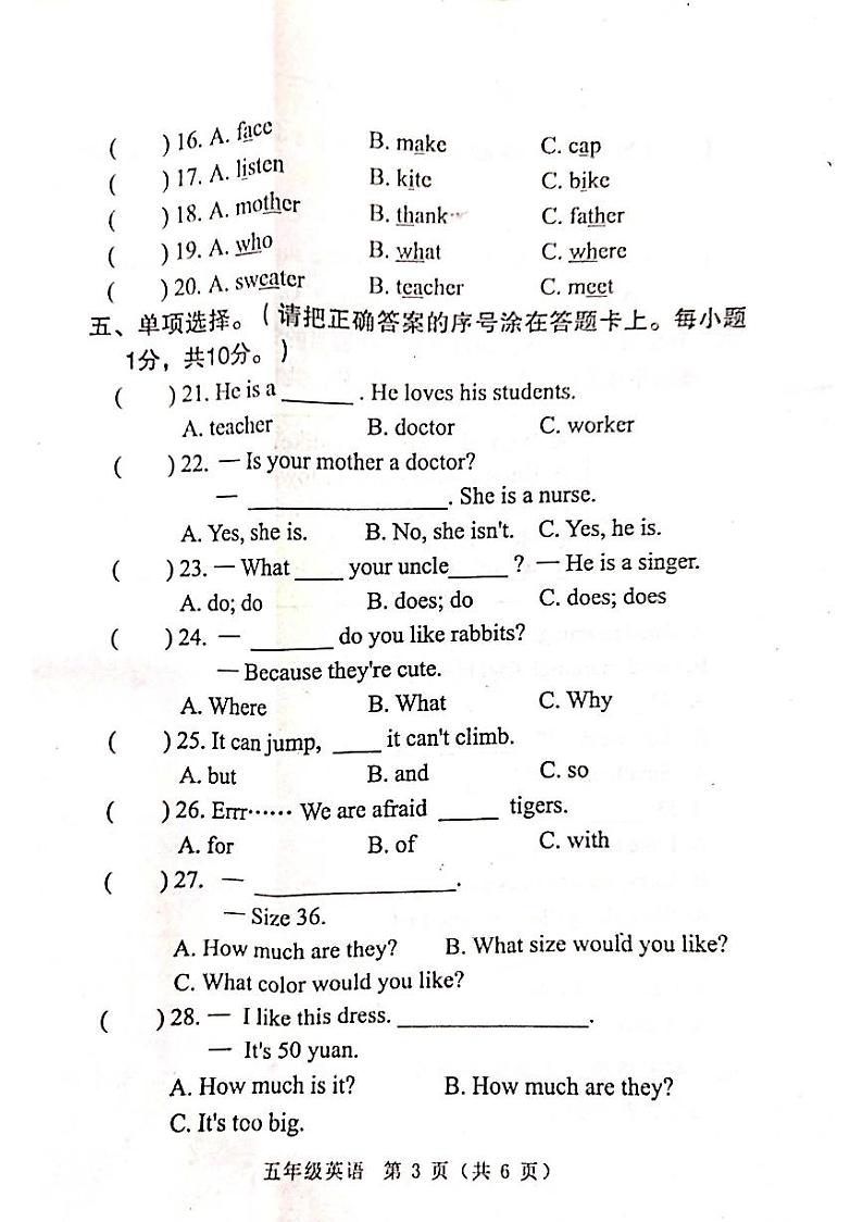 河南省南阳市邓州市2024-2025学年五年级上学期11月期中英语试题第3页
