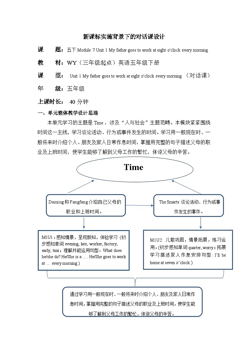【新课标】外研版英语五年级下册Module 7 Unit1 My father goes to work at eight o'clock every morning 课件+单元整体教学设计01