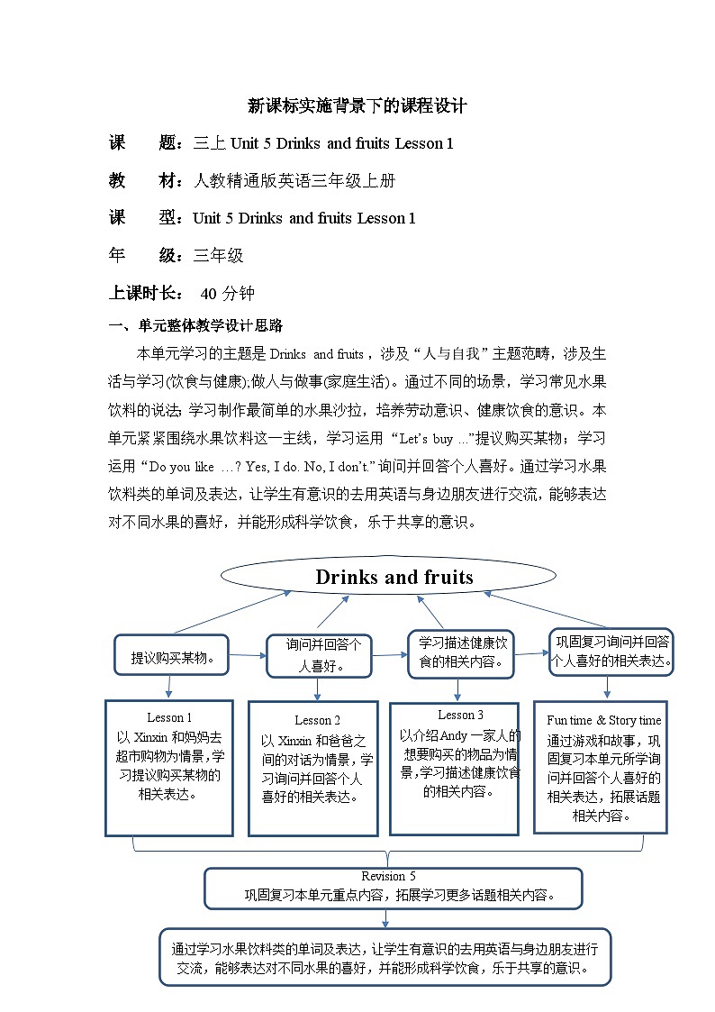 人教精通版三上 Unit 5 Lesson 1单元教学设计第1页