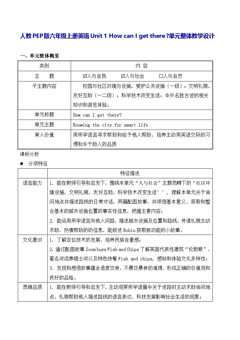 人教PEP版六年级上册英语Unit 1 How can I get there 单元整体教学设计01