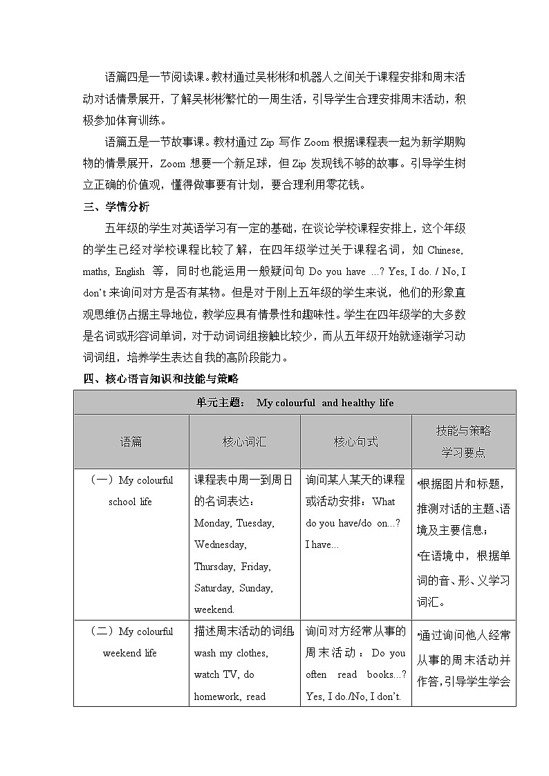 人教PEP版五年级上册英语Unit 2 My week单元整体教学设计02